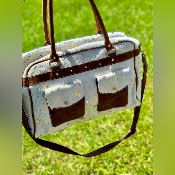 Cowhide and Leather White and Gold Metallic Duffle Bag - Picture 3 of 4